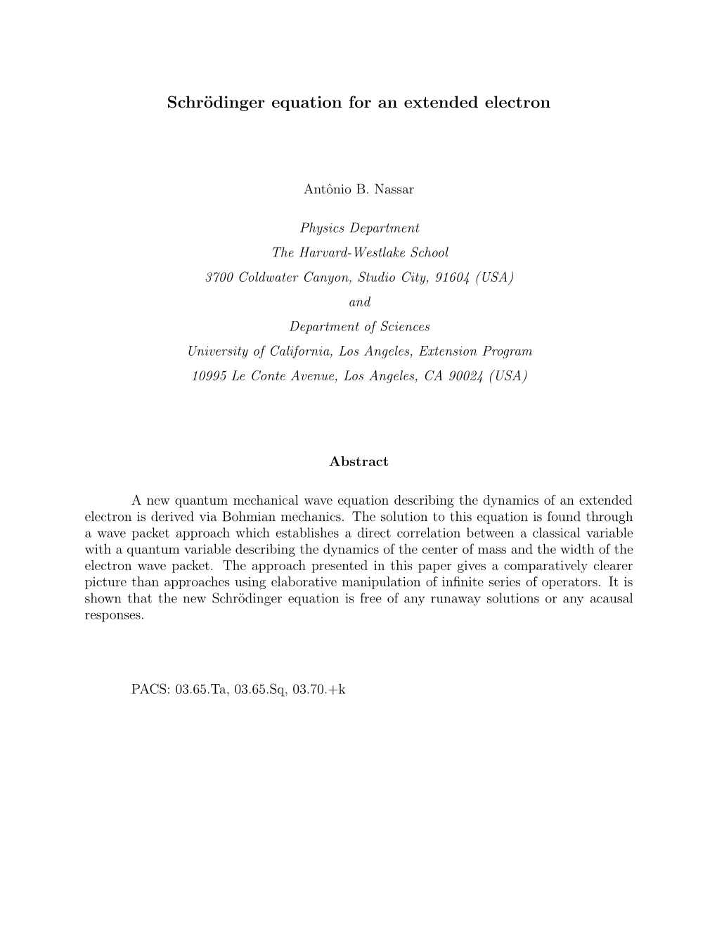 Schrödinger Equation for an Extended Electron