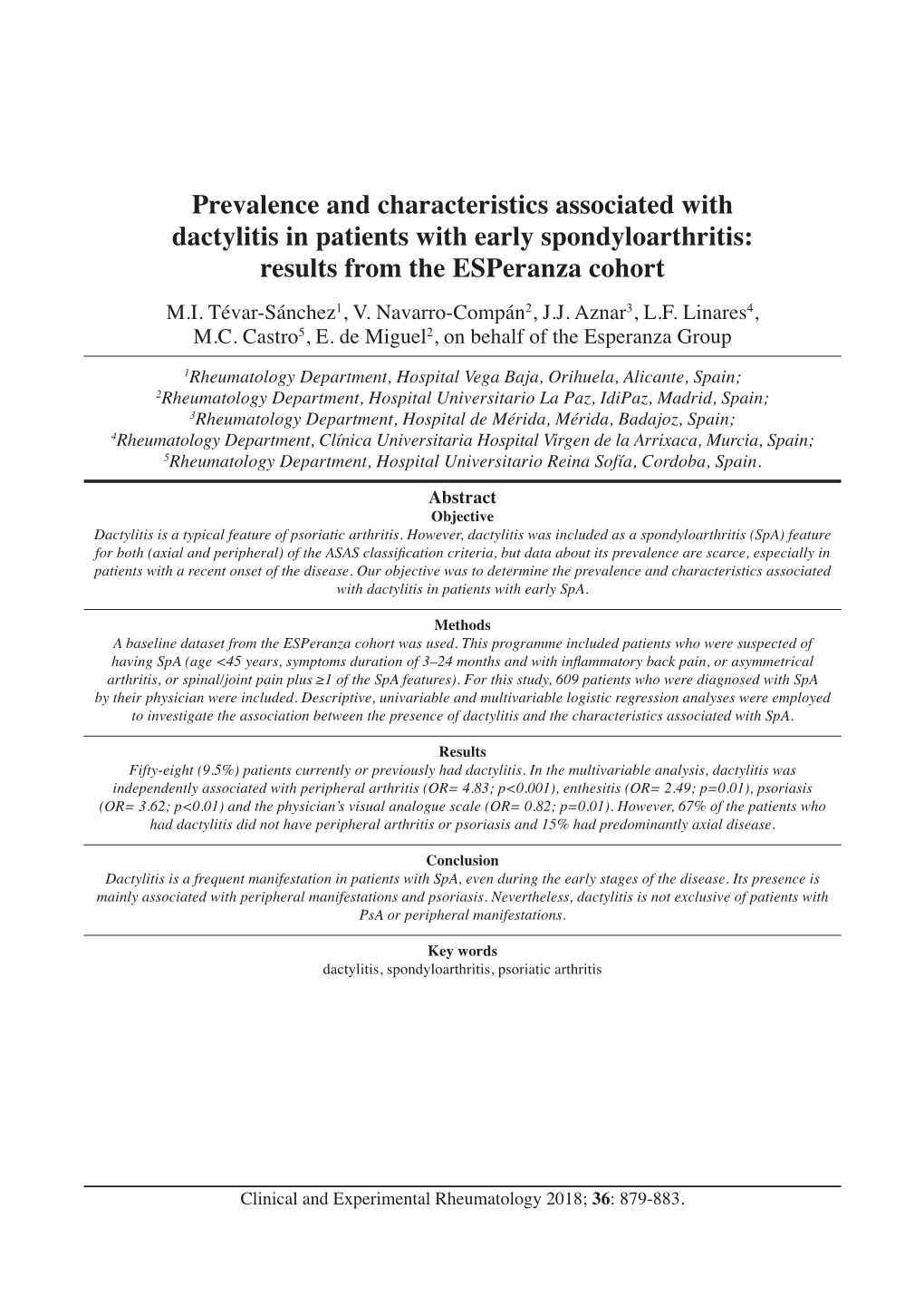 Prevalence and Characteristics Associated with Dactylitis in Patients with Early Spondyloarthritis: Results from the Esperanza Cohort M.I