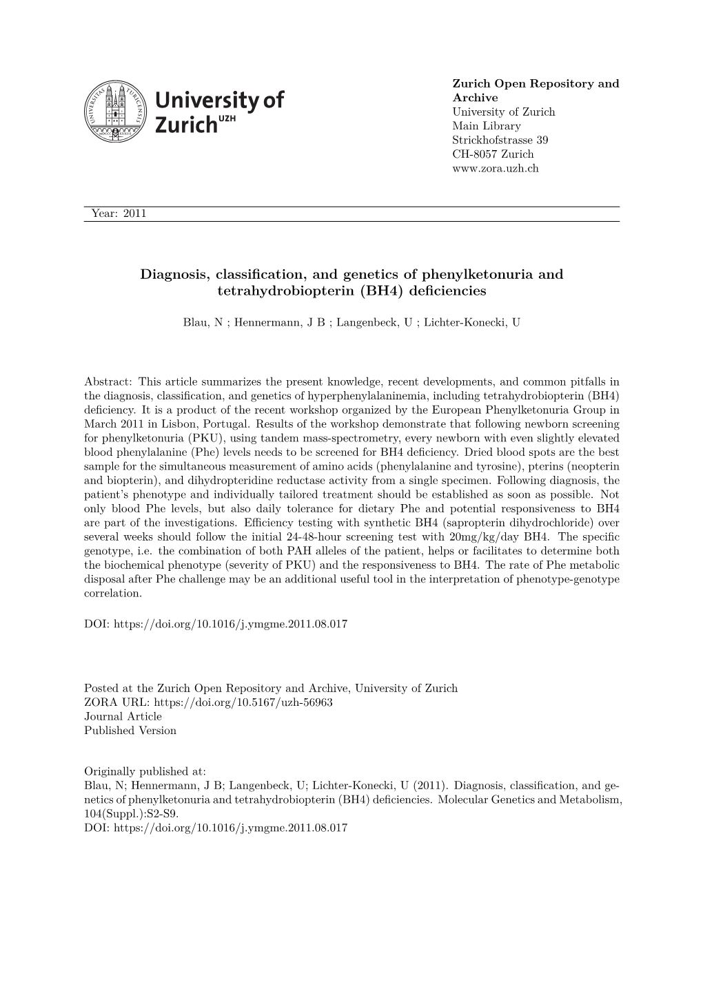 Diagnosis, Classification, and Genetics of Phenylketonuria and Tetrahydrobiopterin (BH4) Deficiencies