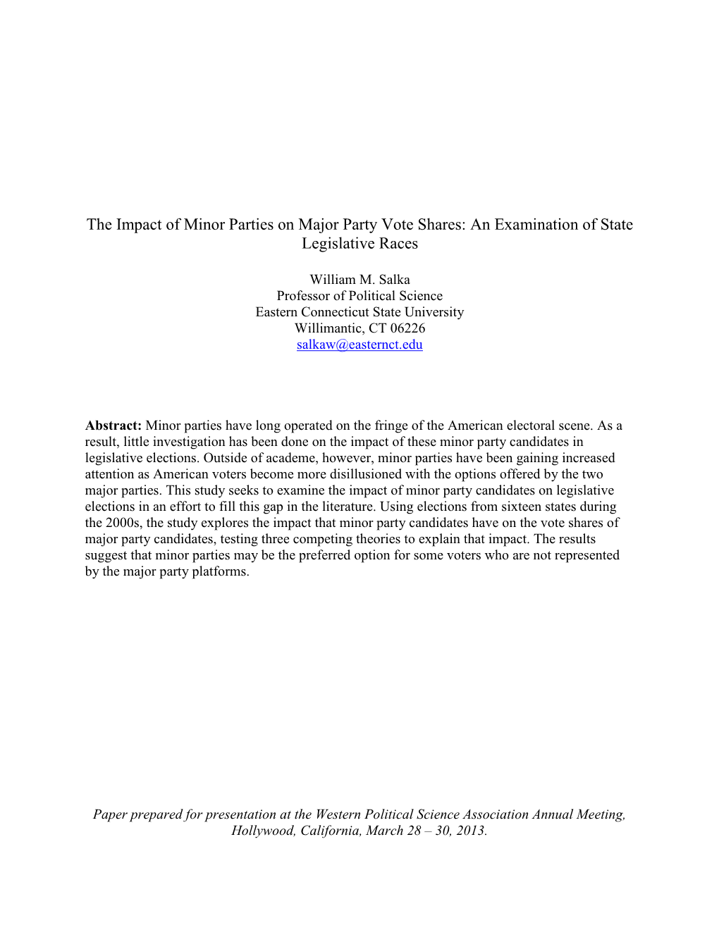The Impact of Minor Parties on Major Party Vote Shares: an Examination of State Legislative Races