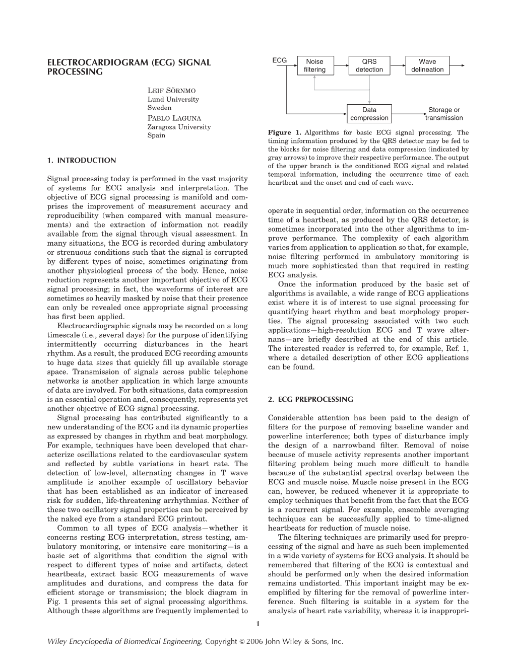 "Electrocardiogram (ECG) Signal Processing". In: Encyclopedia Of