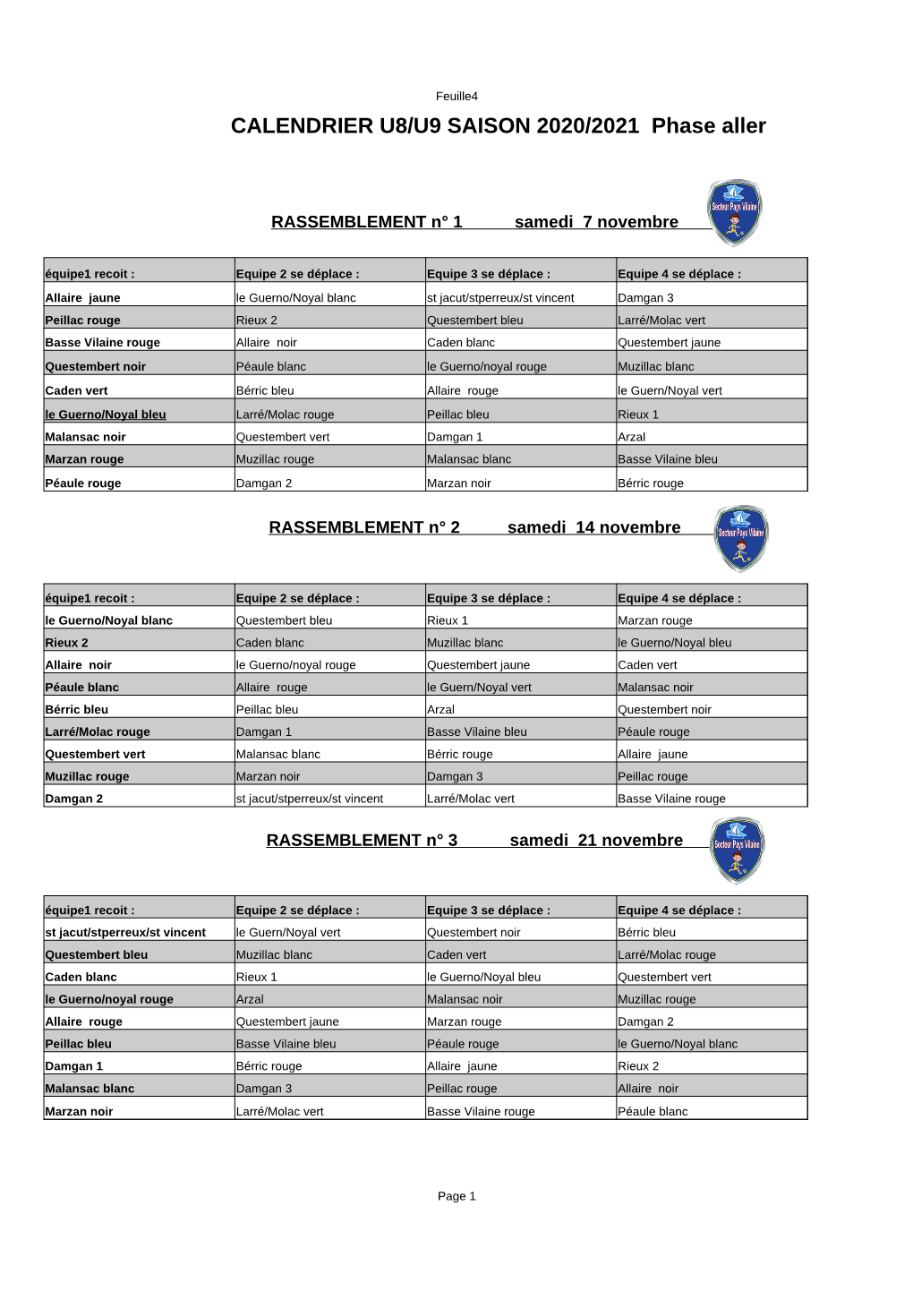 CALENDRIER U8/U9 SAISON 2020/2021 Phase Aller