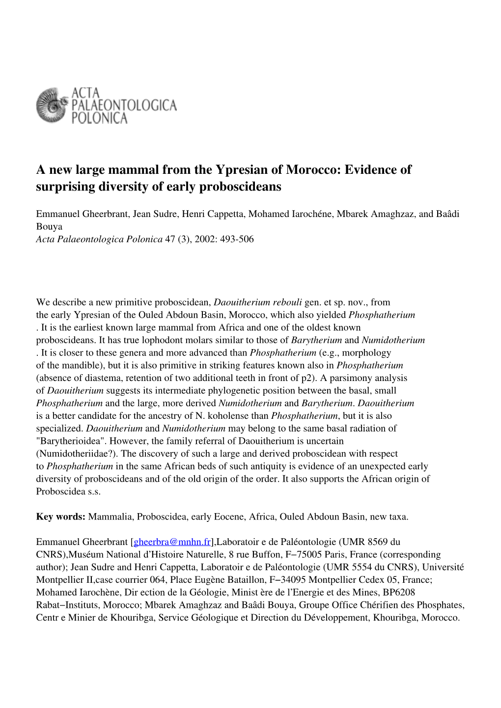 A New Large Mammal from the Ypresian of Morocco: Evidence of Surprising Diversity of Early Proboscideans