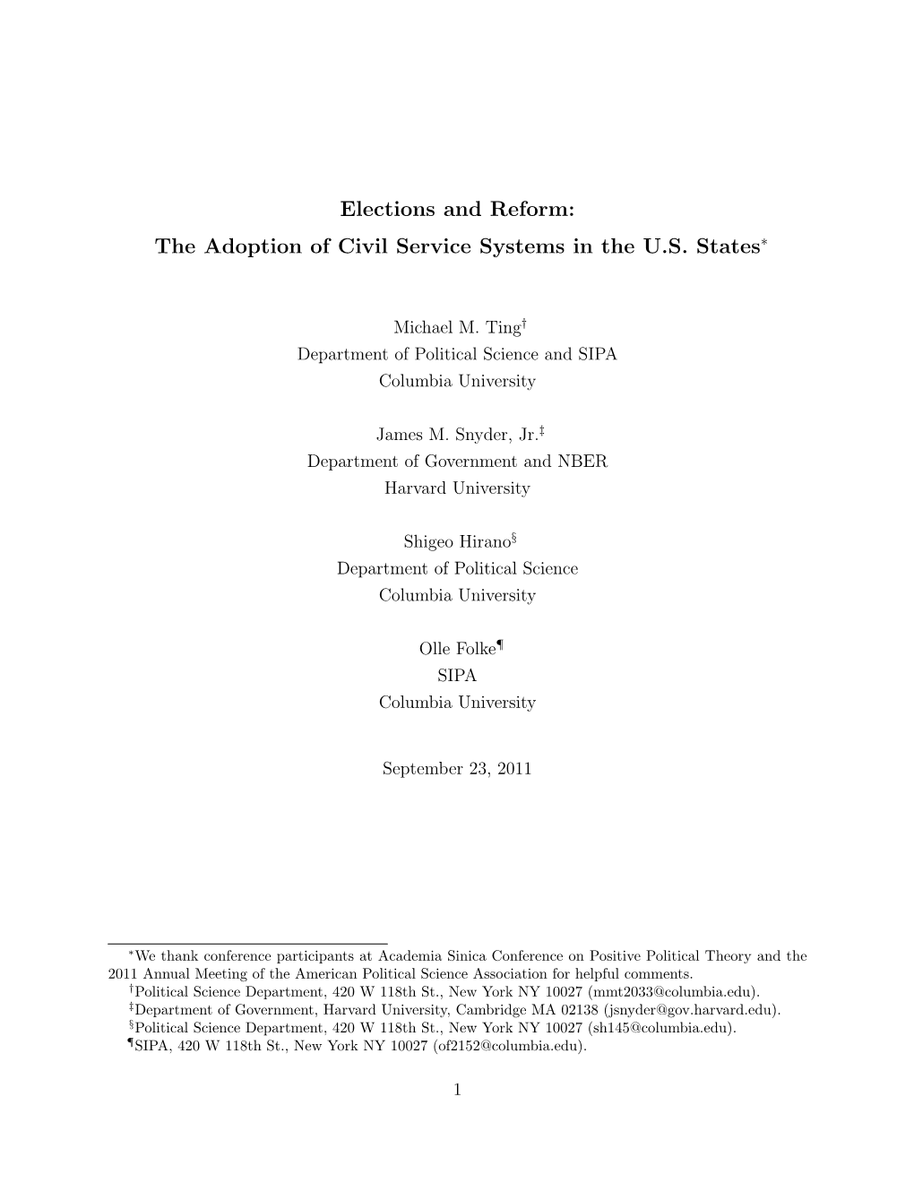 Elections and Reform: the Adoption of Civil Service Systems in the U.S