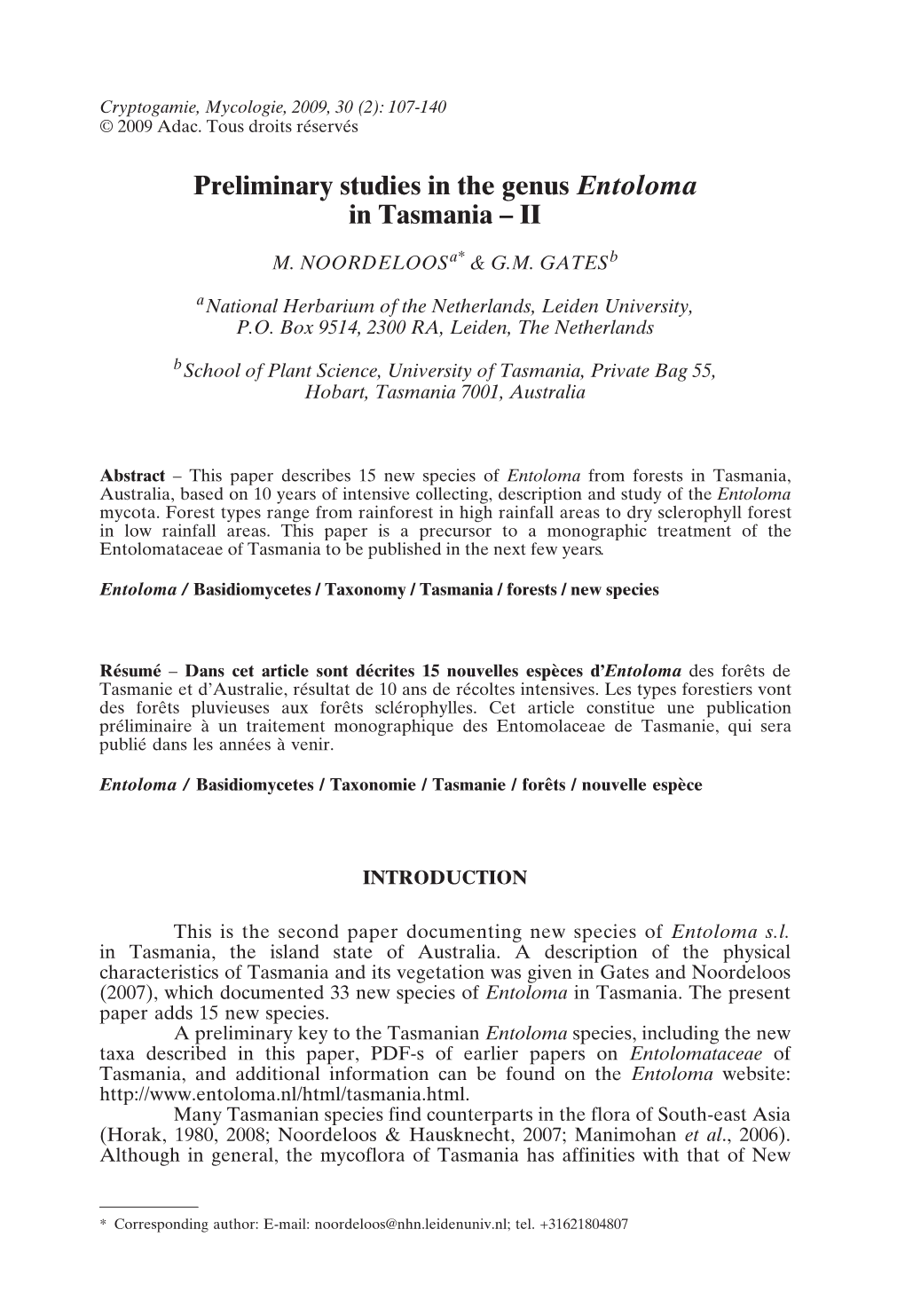 Preliminary Studies in the Genus Entoloma in Tasmania – II