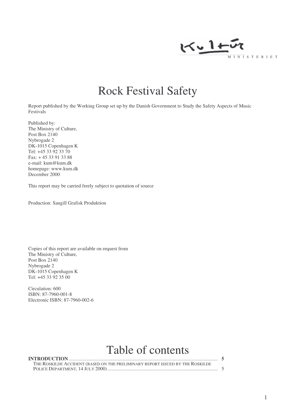 Rock Festival Safety Table of Contents