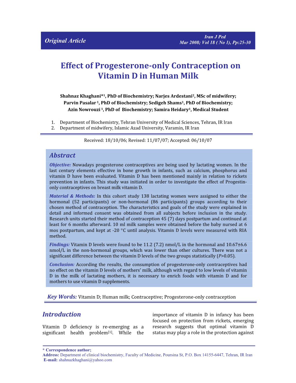 Effect of Progesterone-Only Contraception on Vitamin D In