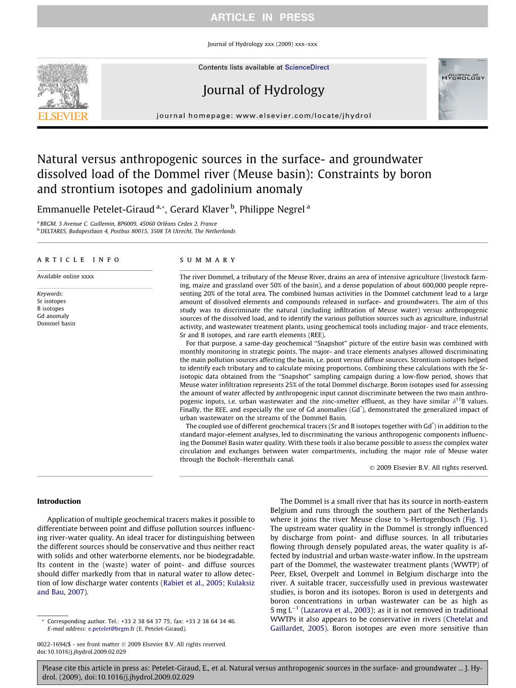 And Groundwater Dissolved Load of the Dommel River (Meuse Basin): Constraints by Boron and Strontium Isotopes and Gadolinium Anomaly