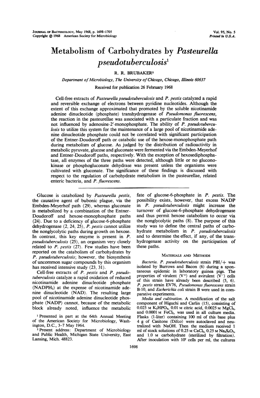 Metabolism of Carbohydrates by Pasteurella Pseudotuberculosis' R