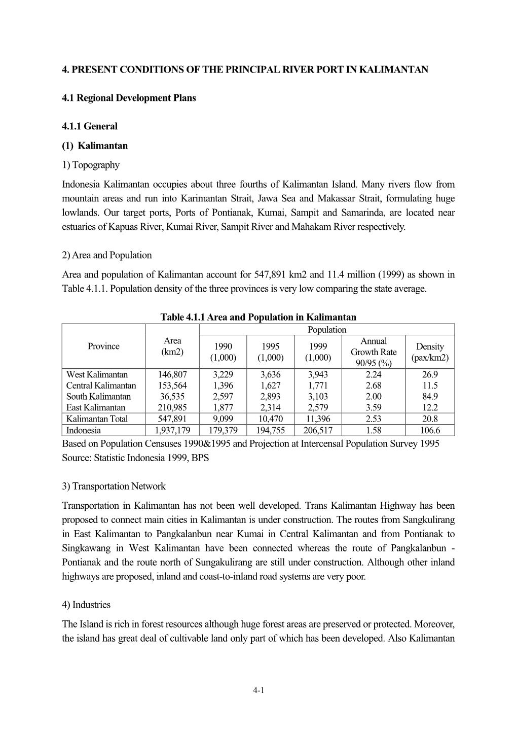 4. PRESENT CONDITIONS of the PRINCIPAL RIVER PORT in KALIMANTAN 4.1 Regional Development Plans 4.1.1 General (1) Kalimantan 1) T