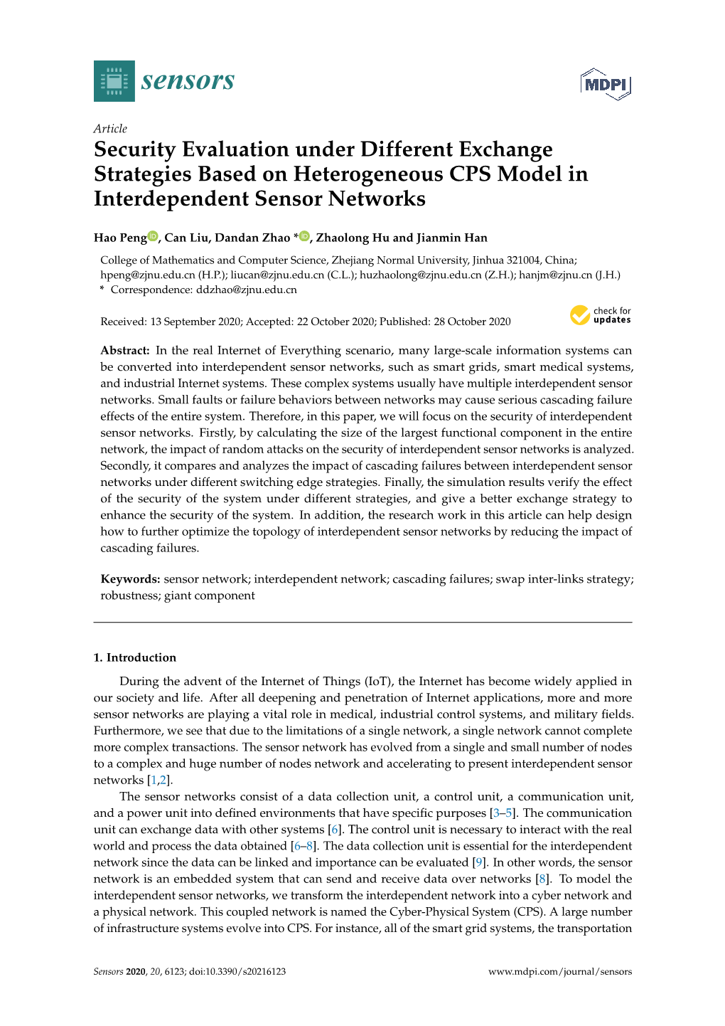 Security Evaluation Under Different Exchange Strategies Based on Heterogeneous CPS Model in Interdependent Sensor Networks