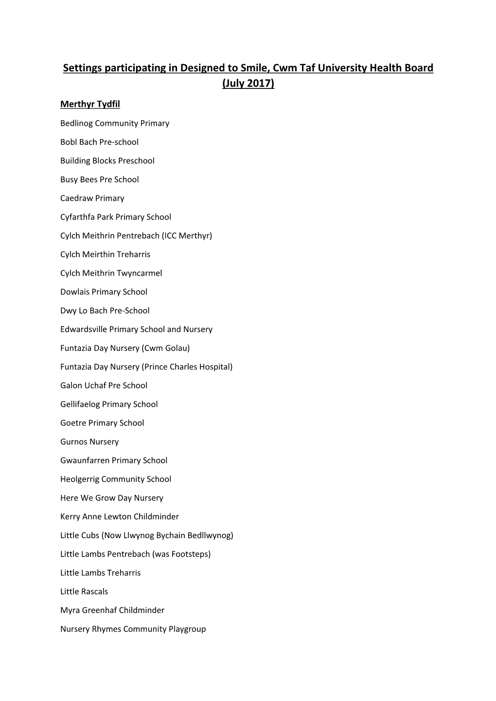 Settings Participating in Designed to Smile, Cwm Taf University Health Board (July 2017) Merthyr Tydfil