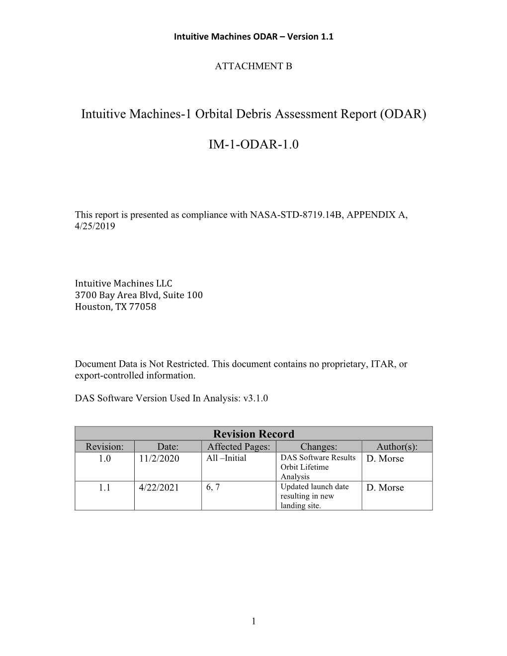 Intuitive Machines-1 Orbital Debris Assessment Report (ODAR)