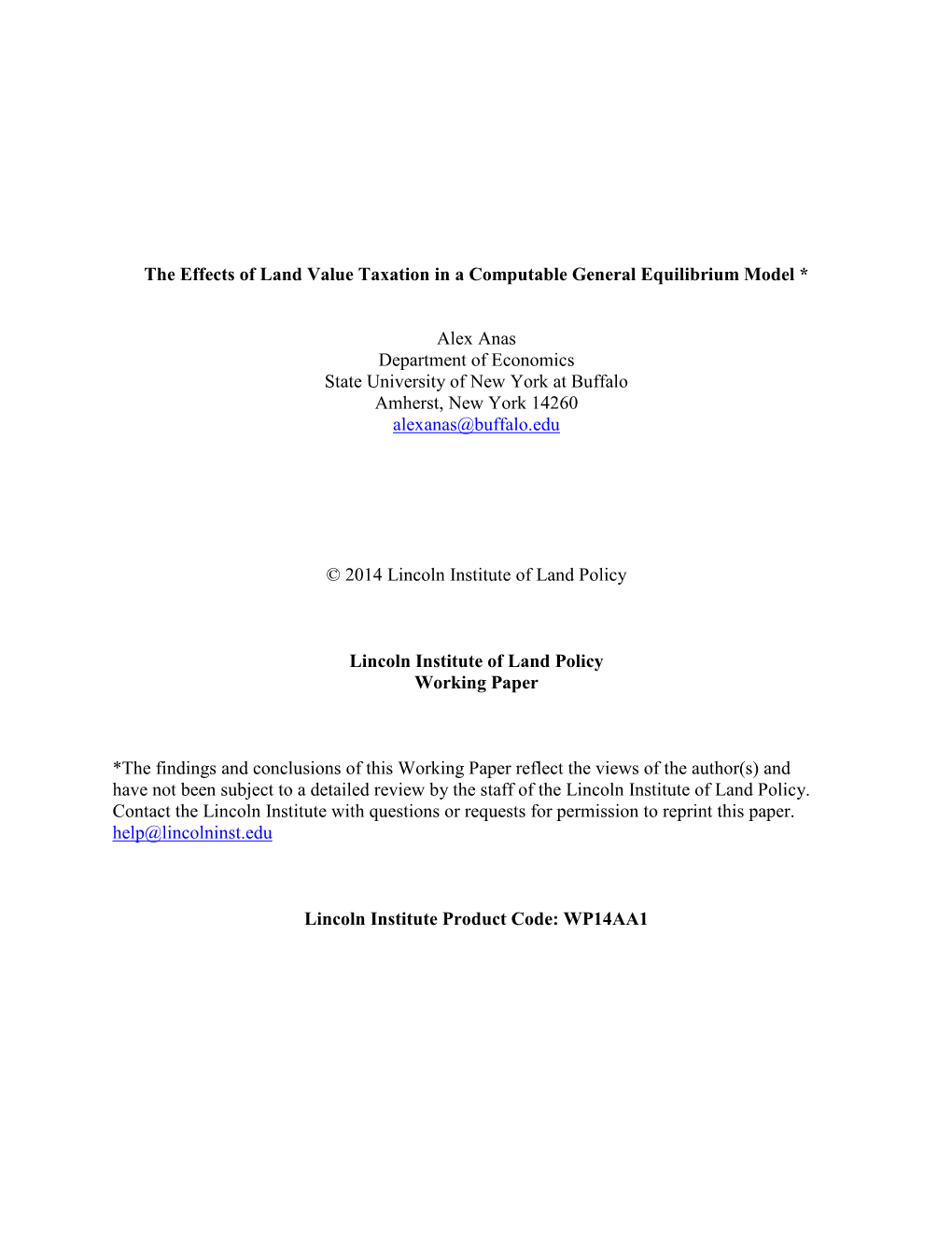 The Effects of Land Value Taxation in a Computable General Equilibrium Model *