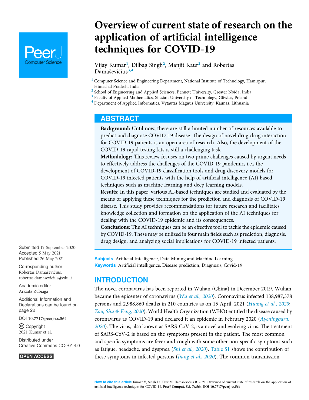 Overview of Current State of Research on the Application of Artificial Intelligence Techniques for COVID-19