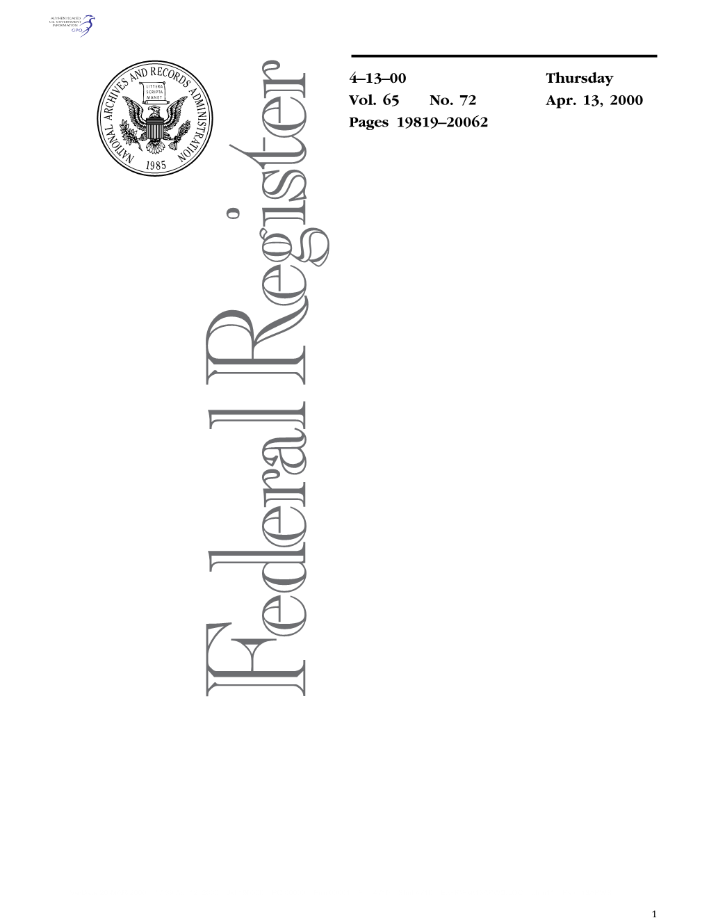 4–13–00 Vol. 65 No. 72 Thursday Apr. 13, 2000