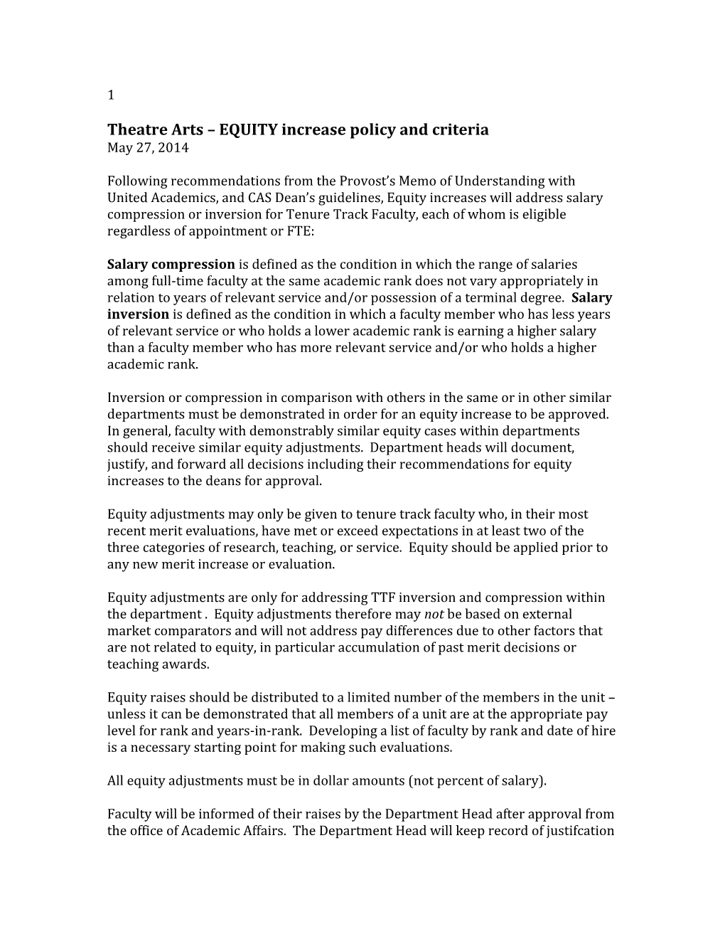 Theatre Arts EQUITY Increase Policy and Criteria