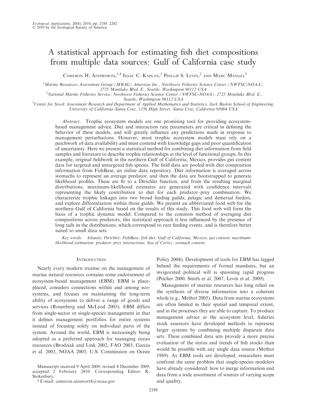 A Statistical Approach for Estimating Fish Diet Compositions