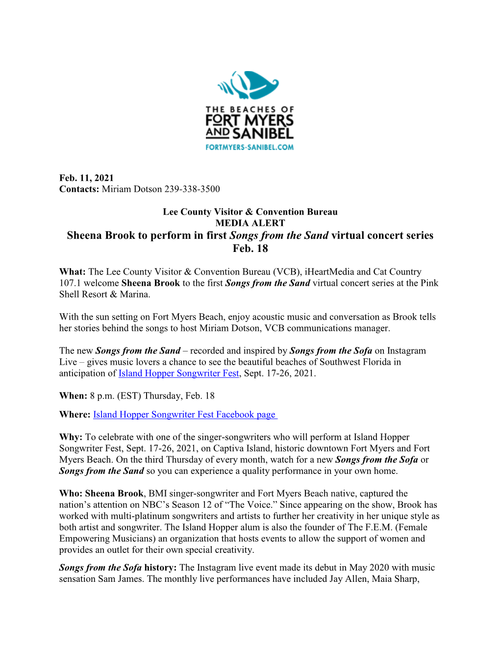 Sheena Brook to Perform in First Songs from the Sand Virtual Concert Series Feb. 18