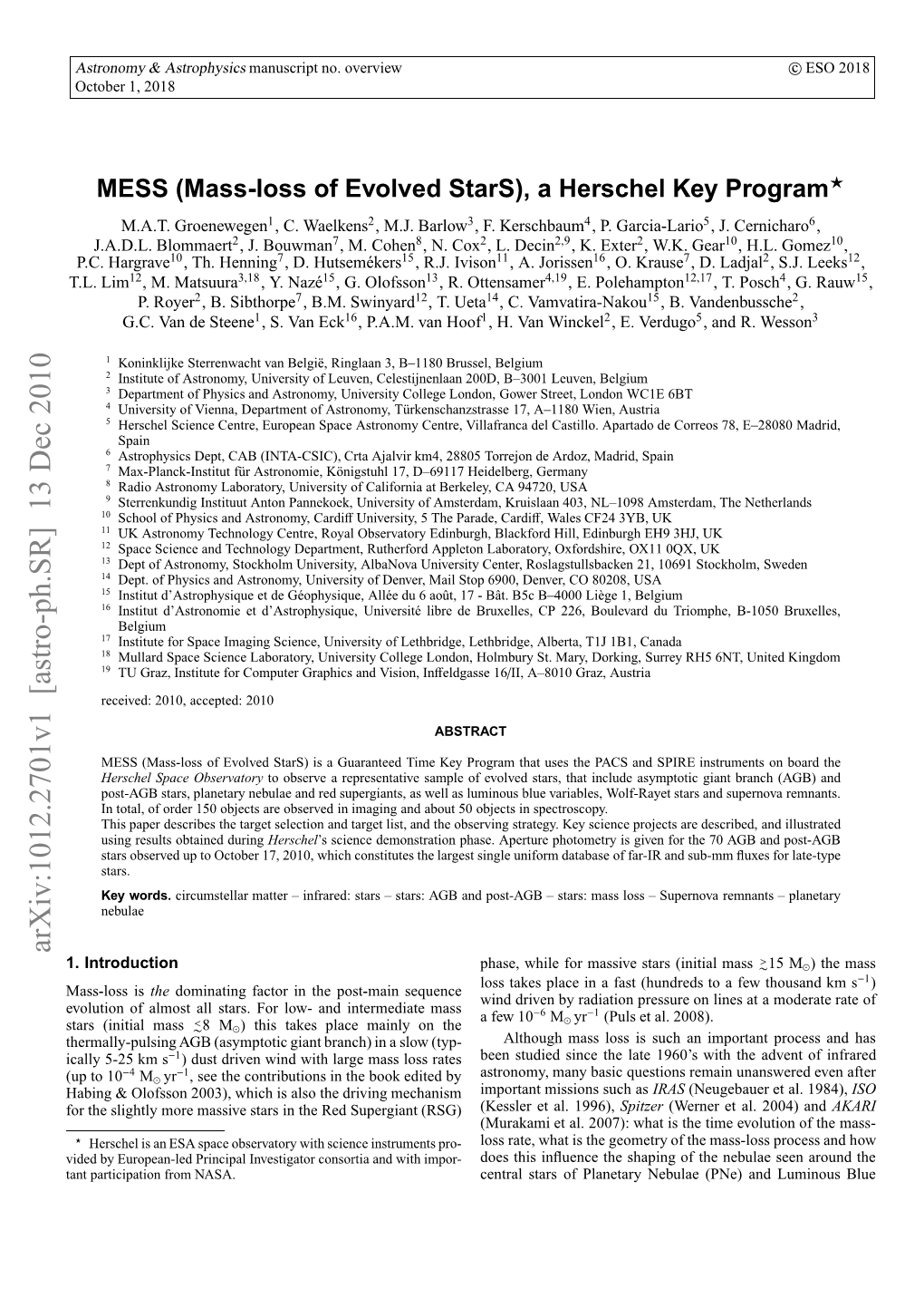 MESS (Mass-Loss of Evolved Stars), a Herschel Key Program