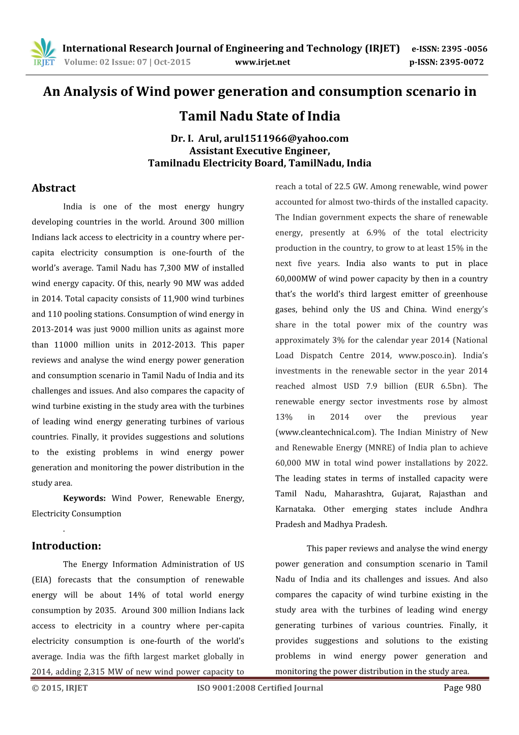 An Analysis of Wind Power Generation and Consumption Scenario in Tamil Nadu State of India Dr