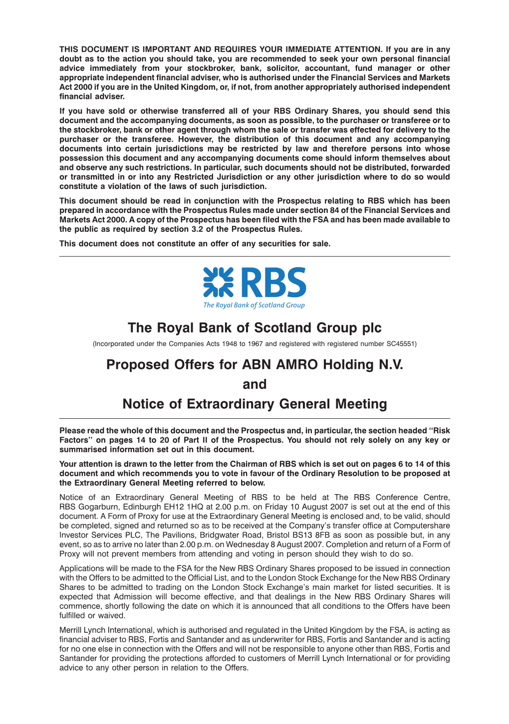 The Royal Bank of Scotland Group Plc Proposed Offers for ABN AMRO Holding N.V. and Notice of Extraordinary General Meeting