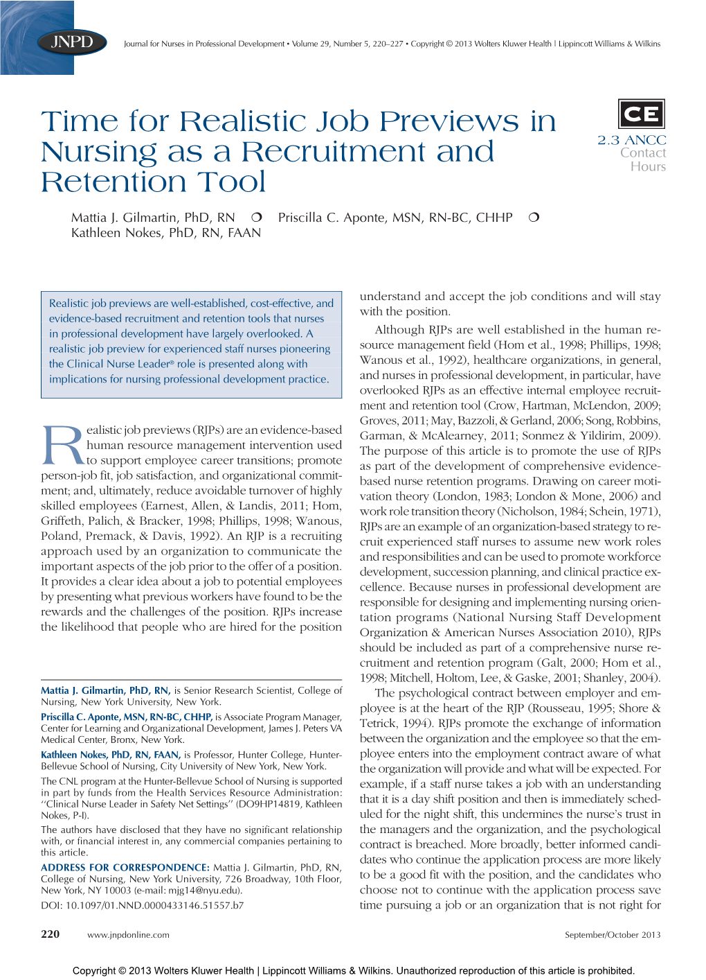 Time for Realistic Job Previews in Nursing As a Recruitment