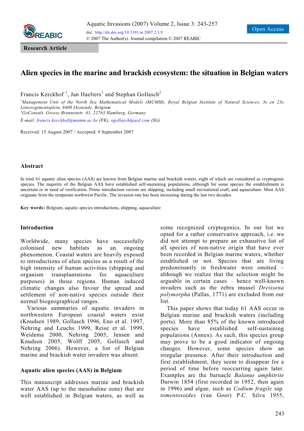 Alien Species in the Marine and Brackish Ecosystem: the Situation in Belgian Waters