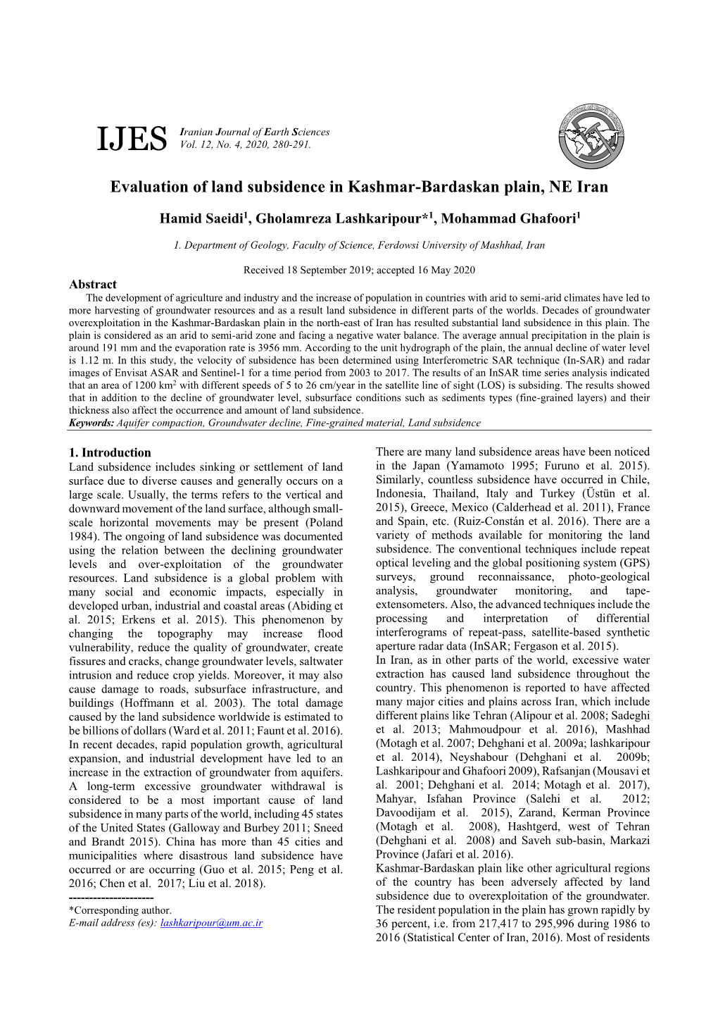 Evaluation of Land Subsidence in Kashmar-Bardaskan Plain, NE Iran