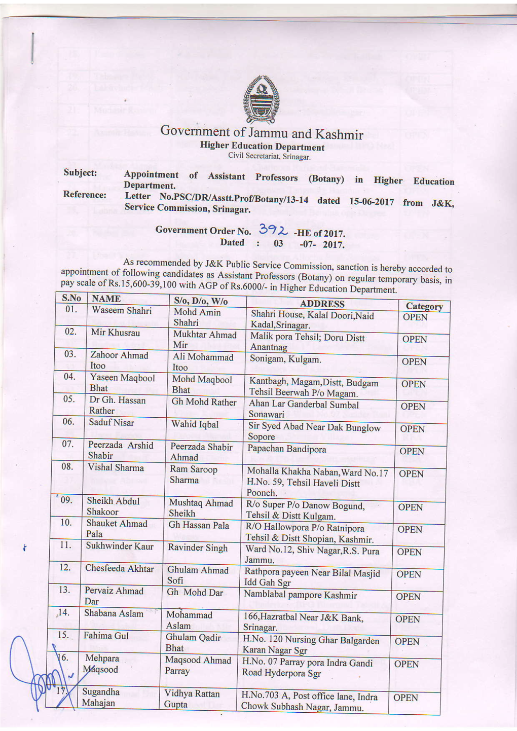 Botany) Department Irl Higher Education Referencei Letter No.PSC/Dryasstt Prof/Botany/Lj 14 Dared 15-06-2017 from J&& Dervrce Lommission, Srinagar