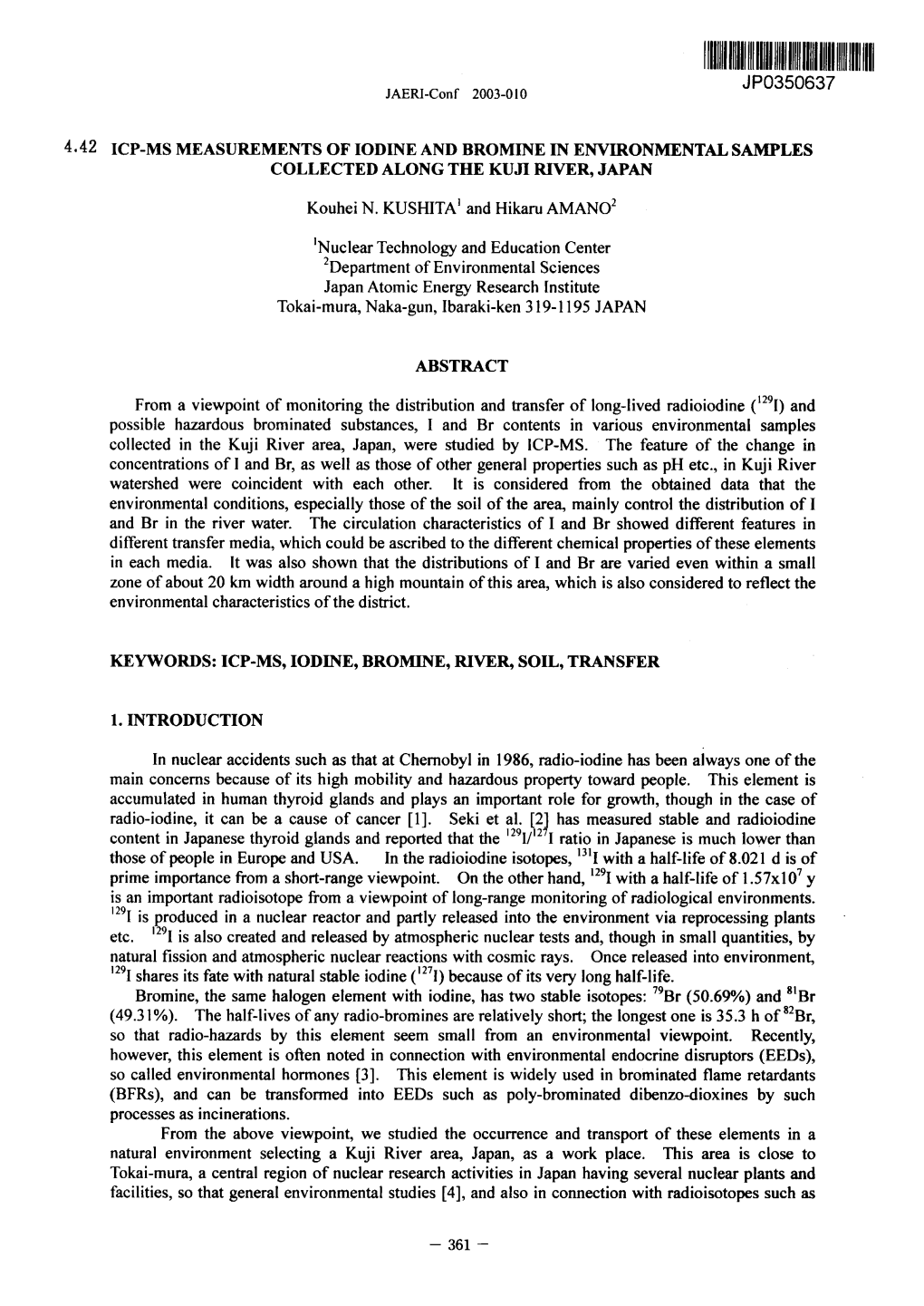 Icp-Ms Measurements of Iodine and Bromine in Environmental Samples Collected Along the Kuji River, Japan