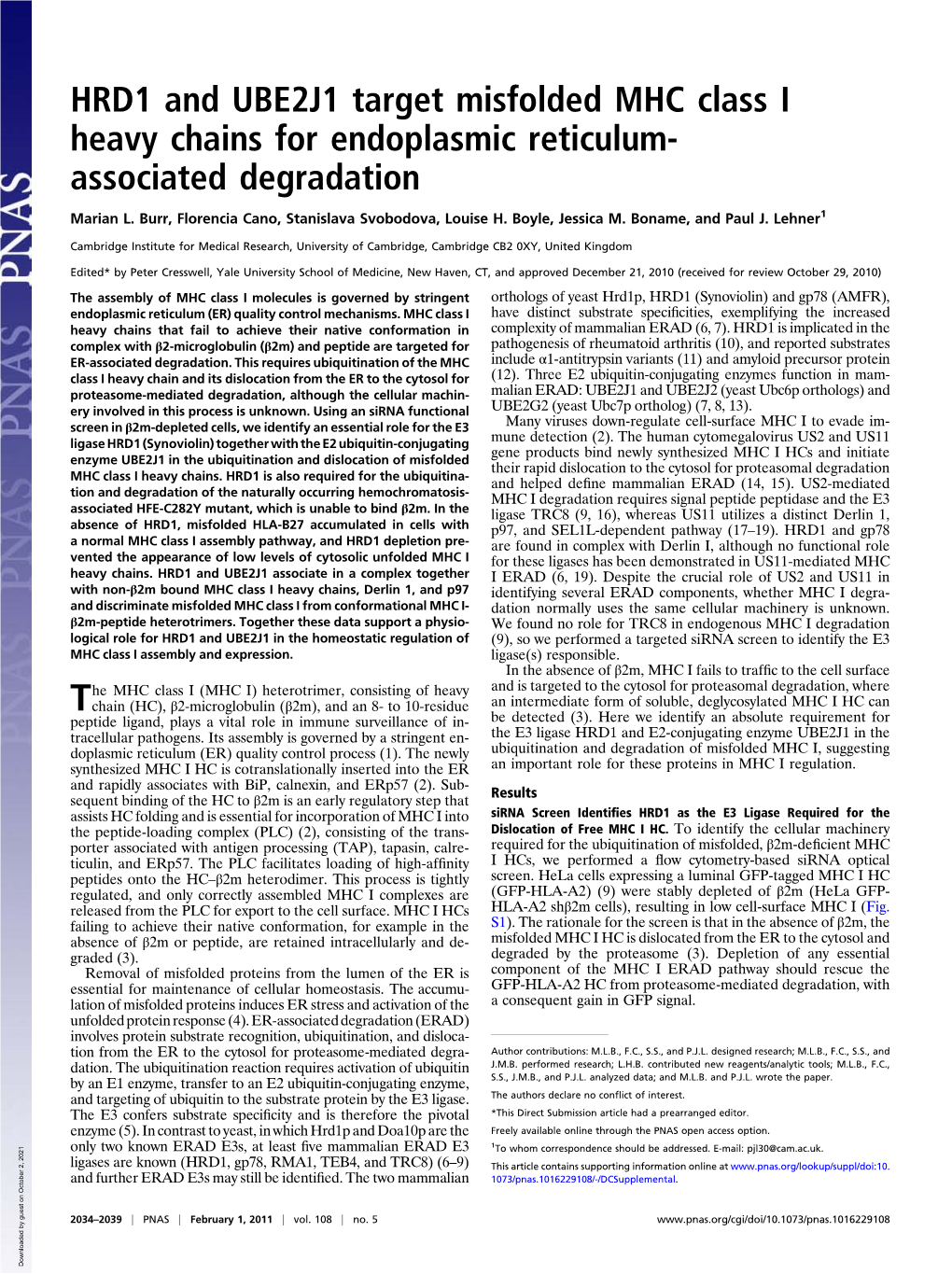 HRD1 and UBE2J1 Target Misfolded MHC Class I Heavy Chains for Endoplasmic Reticulum- Associated Degradation