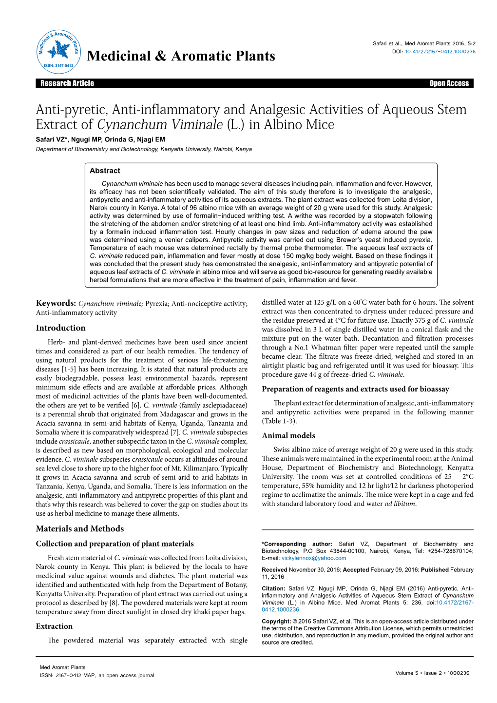 Anti-Pyretic, Anti-Inflammatory and Analgesic Activities of Aqueous