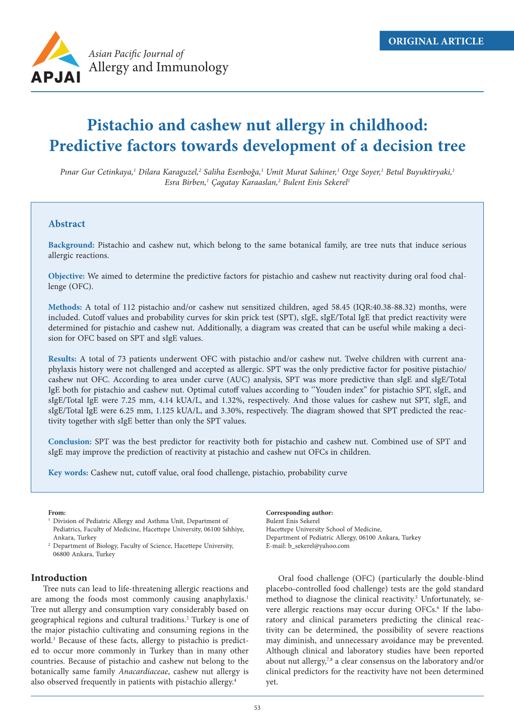 Pistachio and Cashew Nut Allergy in Childhood: Predictive Factors Towards Development of a Decision Tree