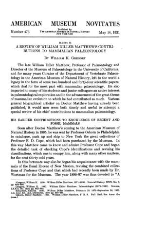A Review of William Diller Matthew's Contributions to Mammalian Paleontology