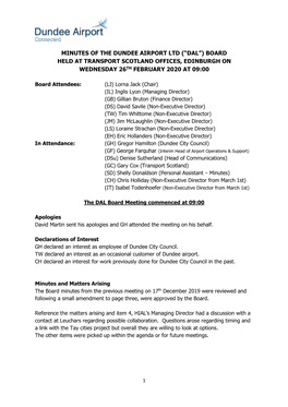 Minutes of the Dundee Airport Ltd (“Dal”) Board Held at Transport Scotland Offices, Edinburgh on Wednesday 26Th February 2020 at 09:00