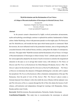 Myth Revisionism and the Reclamation of Lost Voices: a Critique of Recontextualization of Stereotypes in Selected Literary Texts Parvathy B.M