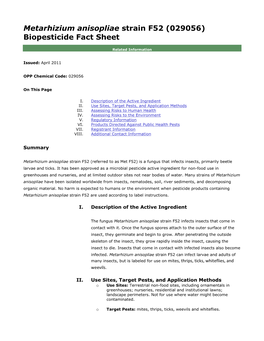 Metarhizium Anisopliae Strain F52 (029056) Biopesticide Fact Sheet