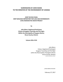 Submissions by John Mann to the Minister of the Environment of Canada