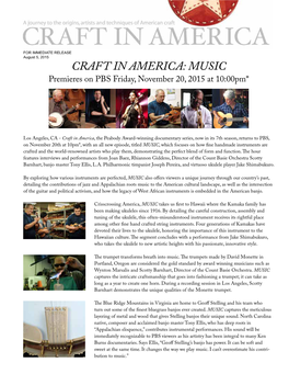 CRAFT in AMERICA: MUSIC Premieres on PBS Friday, November 20, 2015 at 10:00Pm*