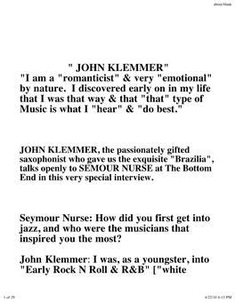 " JOHN KLEMMER" "I Am a "Romanticist" & Very "Emotional" By