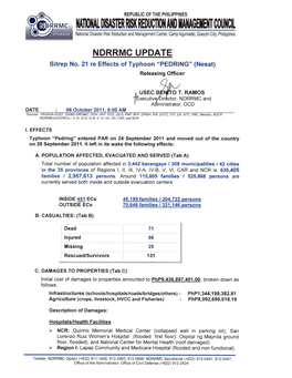 NDRRMC Update Sitrep No 21 Re Effects of TY PEDRING 5 Oct 2011