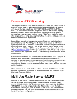 Primer on FCC Licensing Multi Use Radio Service (MURS)