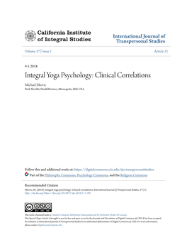 Integral Yoga Psychology: Clinical Correlations Michael Miovic Park-Nicollet/Healthpartners, Minneapolis, MN, USA