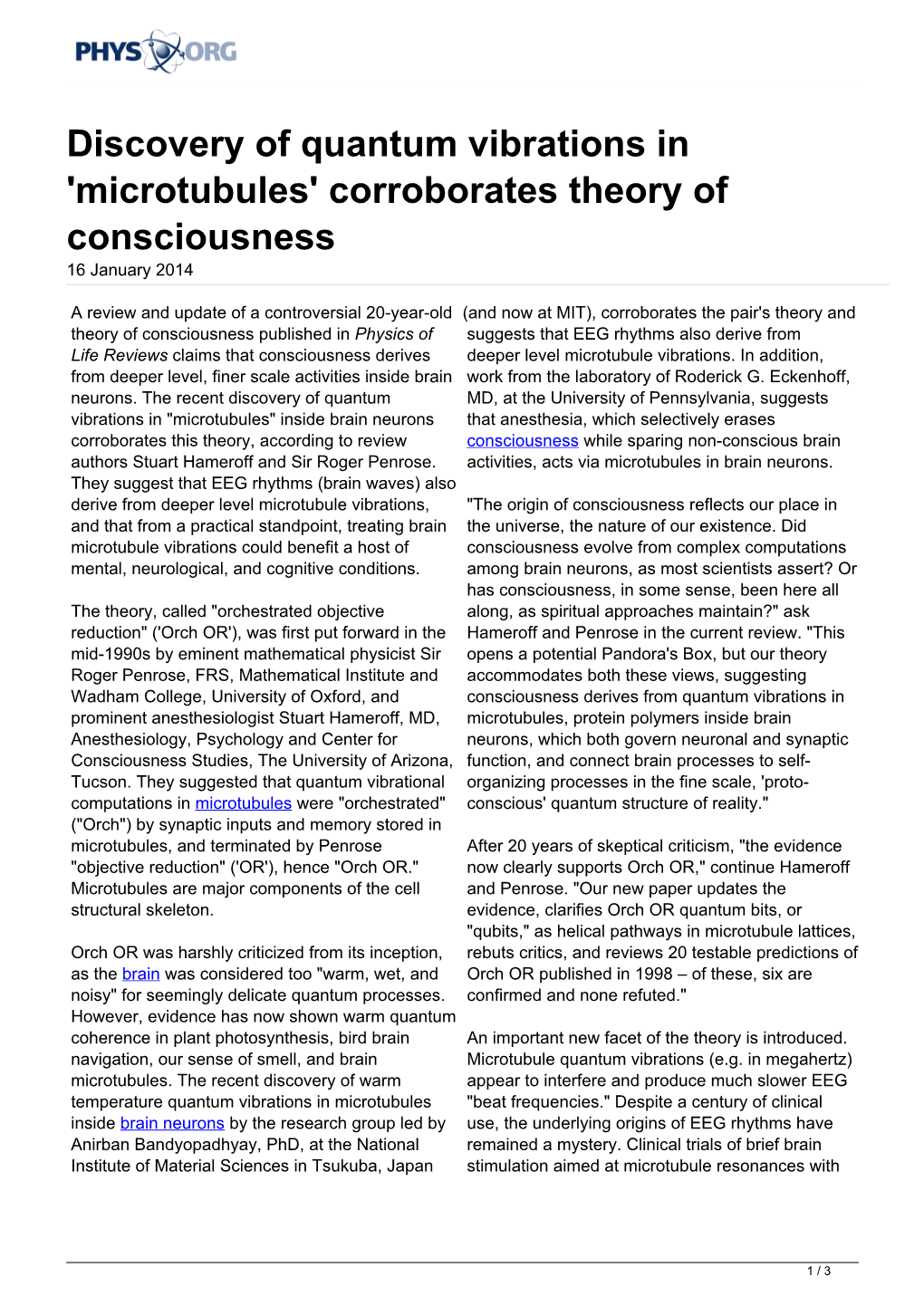 Discovery of Quantum Vibrations in 'Microtubules' Corroborates Theory of Consciousness 16 January 2014