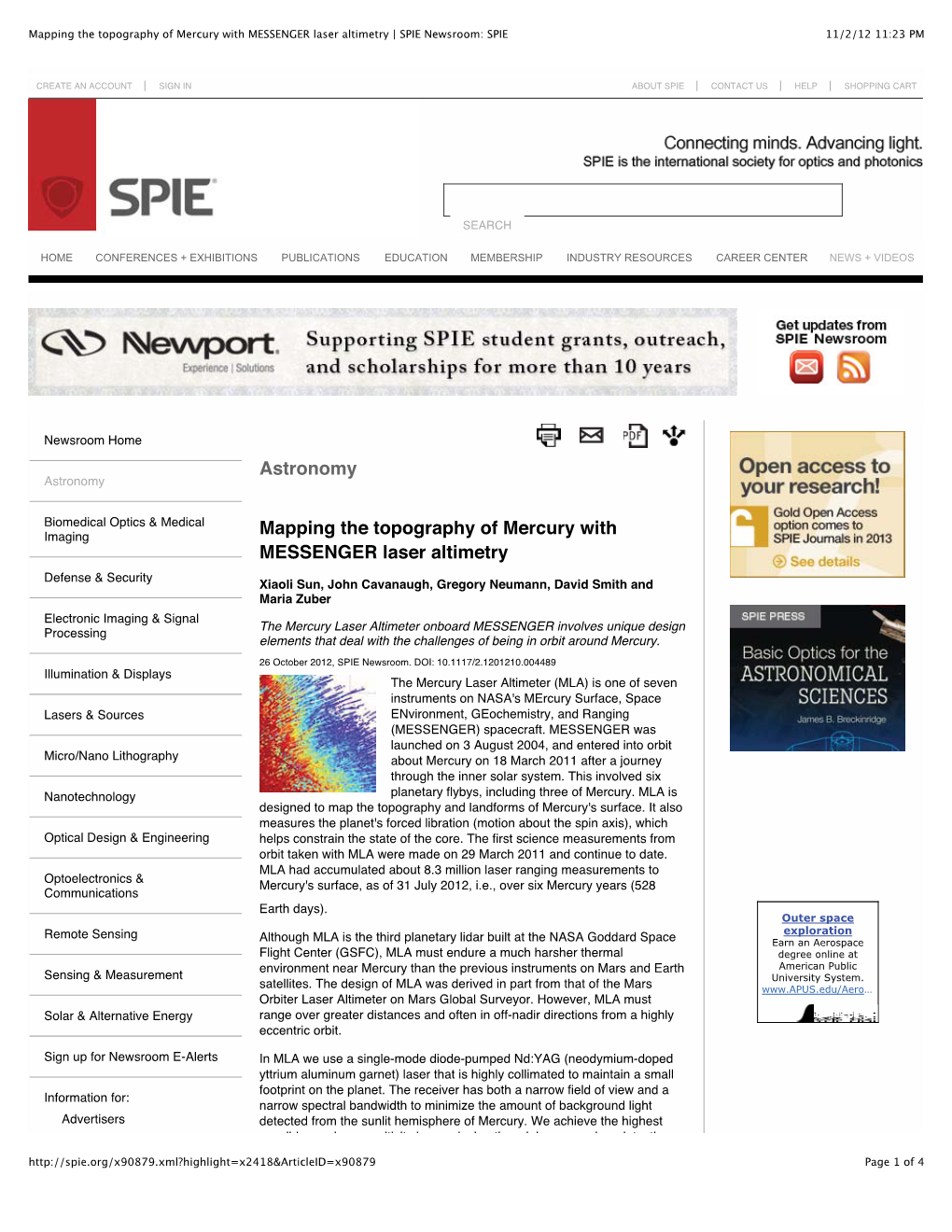 Mapping the Topography of Mercury with MESSENGER Laser Altimetry | SPIE Newsroom: SPIE 11/2/12 11:23 PM