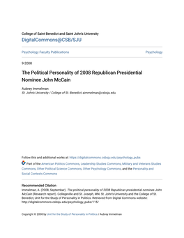 The Political Personality of 2008 Republican Presidential Nominee John Mccain