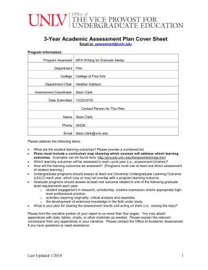 3-Year Academic Assessment Plan Cover Sheet Email To: Assessment@Unlv.Edu