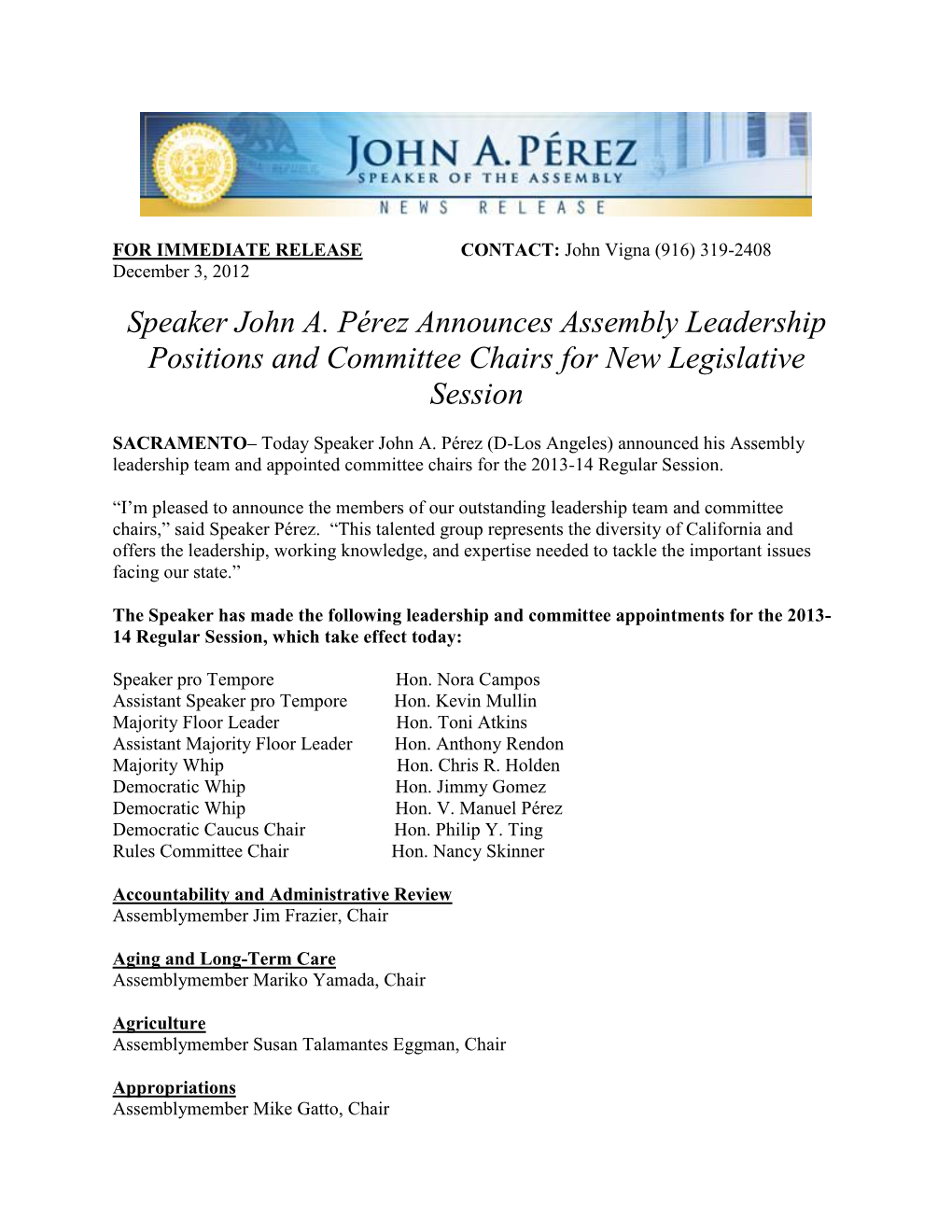 Speaker John A. Pérez Announces Assembly Leadership Positions and Committee Chairs for New Legislative Session