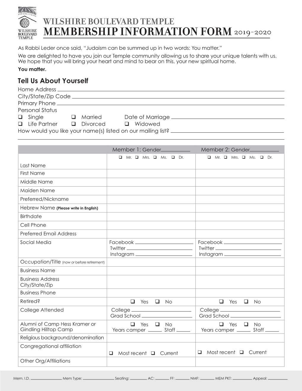 Wilshire Boulevard Temple Membership Information Form 2019-2020